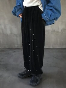 FRIFUL Women's Casual Elastic Waist Faux Pearl Decor Loose Flannelette Ankle Tied Sweatpants