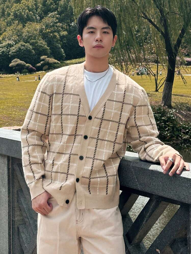 Men's Autumn Plaid Front Button Long Sleeve Casual Cardigan Jacket