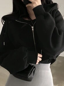 DAZY Women's Solid Color Front Zip Long Sleeve Minimalist Casual Hooded Short Plush Sweatshirt,Long Sleeve Tops,Fall Women Clothes Jacket