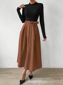 Chiquease Đầm Maxi Tay Dài Phối Nếp Gấp Phối Màu Có Thắt Lưng Maxi Nữ Trang Phục - màu nâu - Xem 4