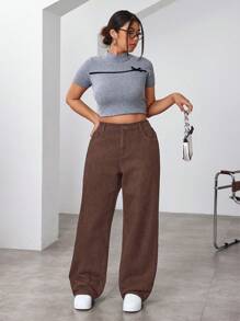 SHEIN CURVE+ 冬季加大码女式休闲宽松纯色牛仔裤，秋季 - 咖啡棕 - 查看 3