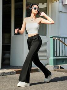 SHEIN Explorewe Teen Girls Casual Solid Color Drawstring Waist Side Pocket Flare Leg Sweatpants - Black - View 7