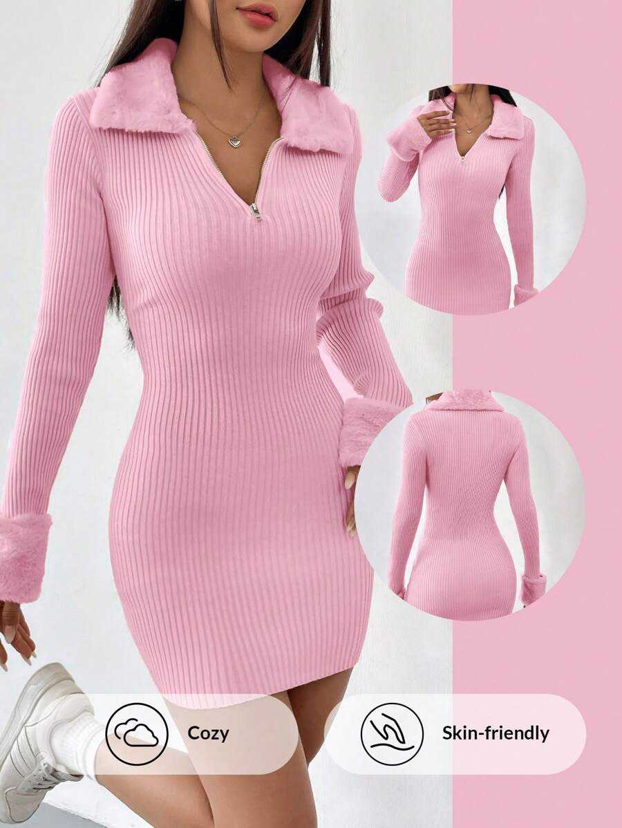 SHEIN EZwear 粉色人造毛领和袖口拼接前开长袖针织毛衣连衣裙，秋冬 - 粉色 - 查看 1