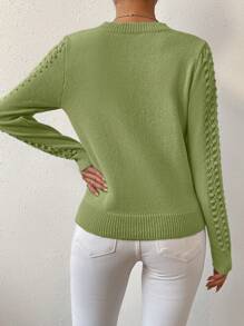 EMERY ROSE Women Solid Color Crew Neck Long Sleeve Hollow Out Casual Sweater, Autumn Knit Pullover Fall Winter Outfit - Green - View 2