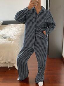 DAZY 极简主义条纹衬衫和宽松裤子家居服套装秋冬睡衣 - 藏蓝色 - 查看 4