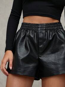 SHEIN BAE Quần short nữ màu đen trơn, kiểu dáng retro, chất liệu giả da PU, cạp chun, thời trang đường phố/dã ngoại/dự tiệc, dáng rộng/quần short bốt đen/quần short dự tiệc Giáng sinh/quần short mùa đông/quần short Lễ Tạ ơn - màu đen - Xem 6