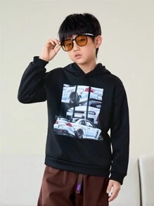 SHEIN Leap Crew 適用於秋冬季的少年休閒卡通圖案長袖連帽衫 - 黑色 - 查看 5