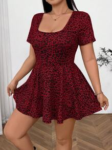 SHEIN EZwear 情人节，大码女式豹纹圆领短袖 A 字形荷叶边下摆针织连体裤，休闲运动，适合学校、健身、瑜伽、日常穿着、秋冬/夏季 - 紅色 - 查看 4