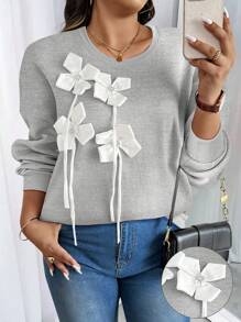 SHEIN Unity Áo nỉ dài tay cổ tròn vai rớt họa tiết hoa 3D dành cho nữ cỡ lớn, thích hợp mặc mùa thu/đông. - Xám - Xem 4