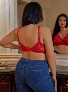 Plus Size Solid Color Spaghetti Strap Lace Wire Cup Lingerie Bralette, Casual Design - Red - View 2