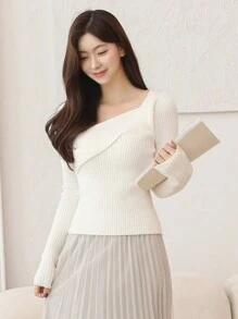 DAZY 1 pièce Pull tricoté ajusté asymétrique de couleur unie décontracté pour femmes, vêtements d'automne