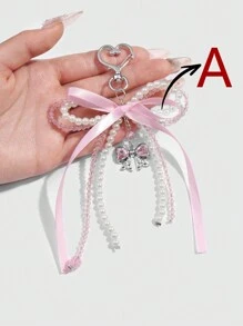 ROMWE Kawaii 1 pièce Élégant Casual fait main Perle blanche en cristal perle rose ruban nœud papillon ailes cœur pendentif porte-clés et porte-clés, convient pour les femmes, port quotidien ou cadeaux de la Saint-Valentin