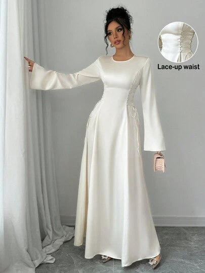 Selianne Elegant Apricot A-Line Cinched Waist Flare Sleeve Dress Maxi Satin Women Outfit Fall Cloth For Women