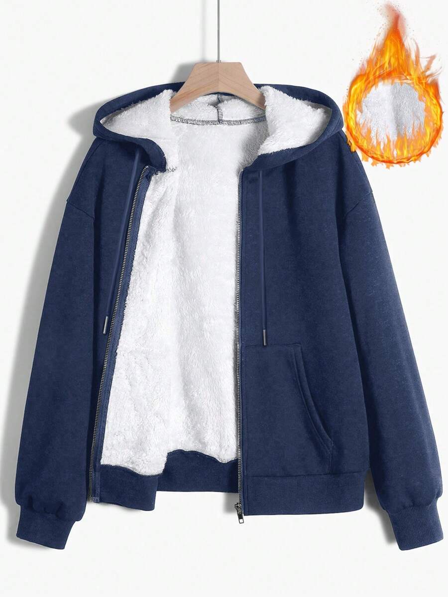 SHEIN EZwear Women Casual Solid Color Drop Shoulder Loose Drawstring Zipper Front Hoodie Sweatshirt, Thermal Lined, Autumn/Winter - Blue - View 1