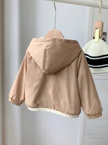 SHEIN 男婴/女婴卡其色/米色拼色连帽加厚保暖内衬夹克，舒适，秋冬季保暖，适合居家、外出和雪地玩耍 - 彩色 - 查看 2