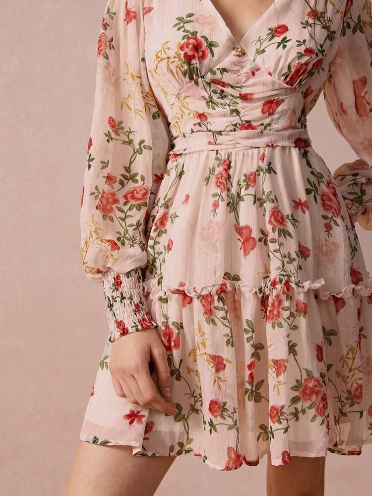 Fall Winter Women's V-Neck Floral Print Casual Long Sleeve Dress,Mini Dress,Fall Women Outfits,Winter Dress,Fall Winter  Women's Clothing