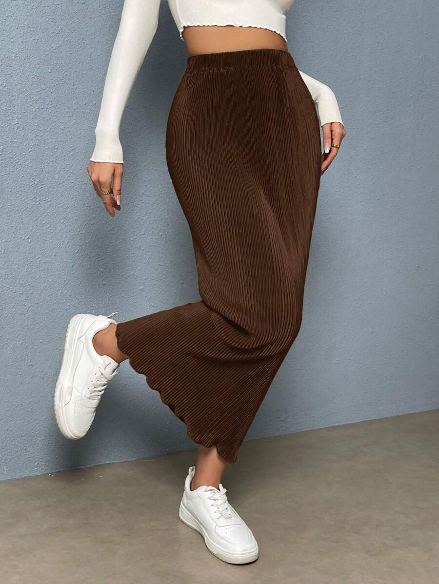 SHEIN Essnce Casual Solid Color Textured Skirt For Autumn - Brown - View 1