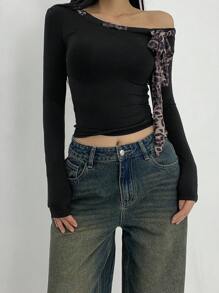 DAZY 女士秋季时尚豹纹系带前不对称肩部修身T恤长袖女上衣 - 黑色 - 查看 6