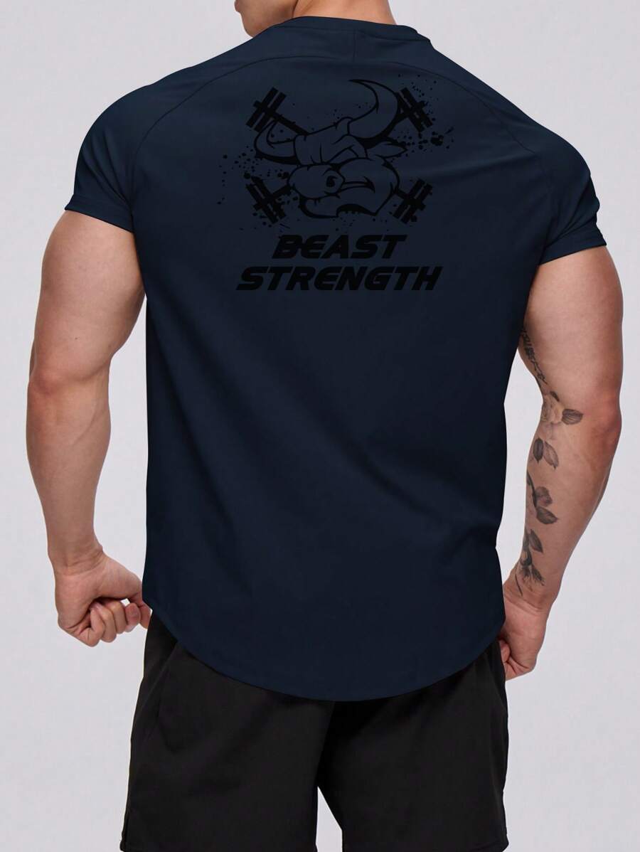 Gym Rark Boyfriend Style Men's Breathable Cow & Letter Print Short Sleeve Sport T-Shirt - Navy Blue - View 1