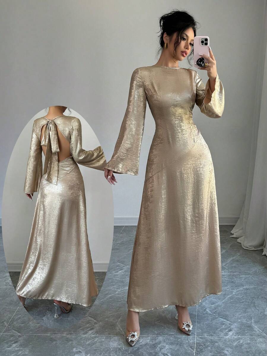 Chiquease فستان ماكسي للسيدات بتصميم الأكمام الجرس وفتحة المنتصف وياقة دائرية وتصميم برباط الفراشة