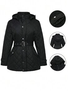 EMERY ROSE Plus Size Capuchon Rits Vest Met Knoopsluiting & Getailleerde Taille, Schuine Zakken, Zwart, Lange Mouw Gewatteerde Gewatteerde Jas, Voor Winterkleding