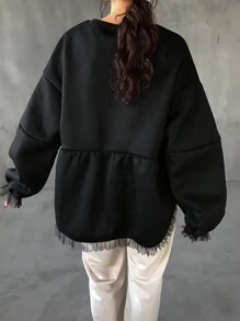 FRIFUL Sudadera holgada de manga larga con cuello redondo y hombros caídos, con paneles de malla y bajo con volantes, para otoño/invierno - Negro - Ver 3