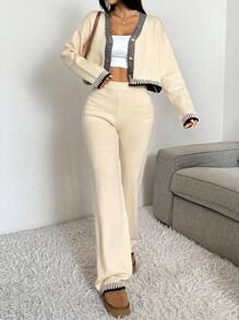 SHEIN EZwear 2 件女式条纹 V 领落肩长袖纽扣开衫和针织裤套装，秋冬 - 杏色 - 查看 5
