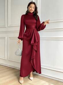 Modelyn Women Solid Color Stand Collar Ruffle Trim Elegant Long Sleeve Dress Long Evening Dresses