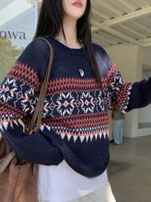 DAZY 圣诞复古图案提花针织宽松圆领毛衣，适合女士、节日、秋季女装 - 藍色 - 查看 9