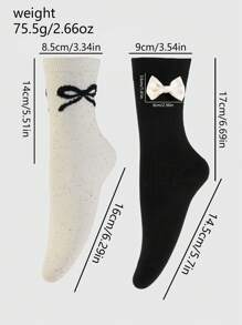 2 Pairs Women's Soft, Breathable, Cute & Simple Korean/Japanese Style Black + Beige Polka Dot Bow Crew Socks, Perfect For Women And Girls, Daily Wear, Gift Box Packaging - Black and White - View 7