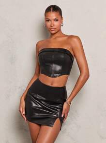 Glamine Ensemble de 2 pièces femme, top bandeau en PU de couleur unie avec ourlet asymétrique et mini-jupe assortie, tenue de fête de Noël - Noir - Voir 6