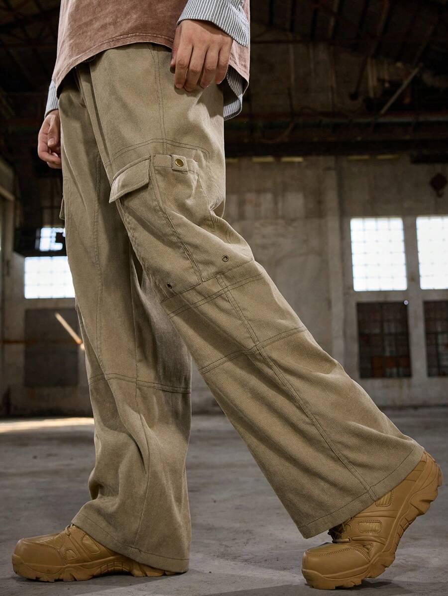 Manfinity VCAY Men's Casual Ribbed Fabric Loose Fit Drawstring Waist Straight Leg Pants - Army Green - View 1