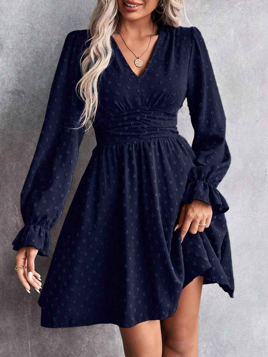 EMERY ROSE Women Autumn V-Neck Long Sleeve Elegant Jacquard Short Dress Fall Cloth For Women - Blue - View 1