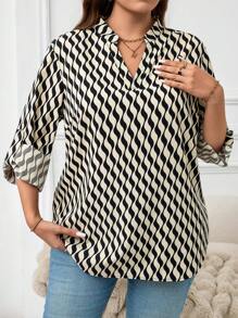 SHEIN LUNE Plus Size Wavy Print Cutout Collar Roll Sleeve Casual Blouse, Autumn Holiday Long Sleeve Blouse New Year Winter - Grey - View 6