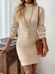 EMERY ROSE Women Casual Solid Stand Collar Raglan Sleeve Fitted Sweater Dress
