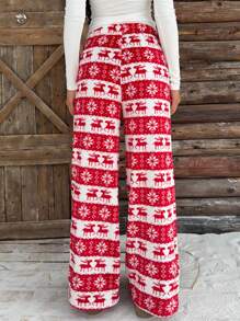 SHEIN EZwear Women's Front Tie Warm Christmas Fleece Pants, Casual Daily Wear, Autumn/Winter