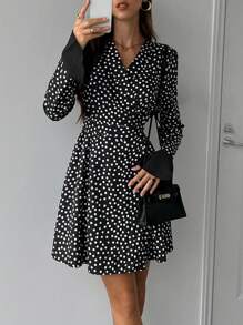 INAWLY Women's Casual V-Neck Polka Dot Print Mini Dress, Autumn