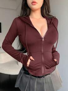 DAZY 抽绳连帽拉链前襟口袋设计修身短款长袖卫衣，长袖上衣外套连帽衫 - 酒紅色 - 查看 5