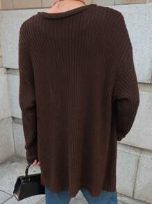 DAZY 1 pieza Chaqueta de punto de mujer con cuello en V, ajuste holgado, unicolor, manga larga y bolsillos