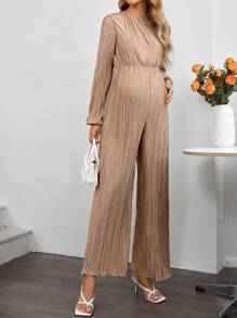 SHEIN Asymmetrical Neck Puff Sleeve Maternity Jumpsuit, Apricot Color - Khaki - View 3