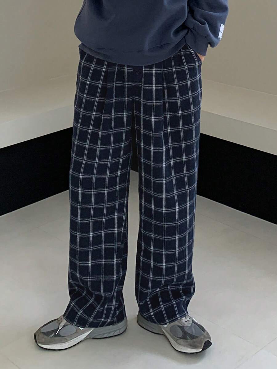 DAZY 男士休闲格子直筒裤，适合秋季 - 藍白色 - 查看 1