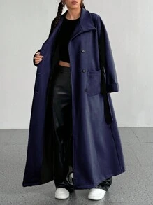 SHEIN Unity Women's Solid Color Long Sleeve Long Casual Regular Jacket With Pockets, Autumn/Winter - Navy Blue - View 4