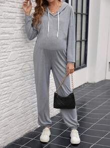SHEIN 孕妇春秋休闲纯色抽绳连帽，抽绳连帽连体裤，孕妇装 - 淺灰色 - 查看 4