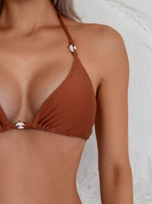 SHEIN Swim Conjunto de bikini de mujer con tirantes finos y cuello halter brillante de unicolor, para playa y resort de verano