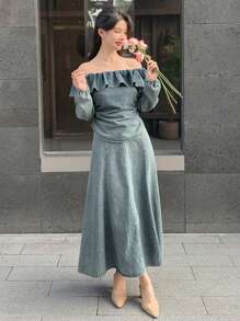 DAZY Women Elegant Off Shoulder Ruffle Top & Denim Skirt 2 Pieces Outfit, Suitable For Autumn