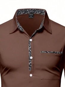 Manfinity Mode Áo sơ mi dài tay có túi họa tiết hoa văn du lịch dành cho nam, mùa xuân/thu - Cà phê nâu - Xem 6