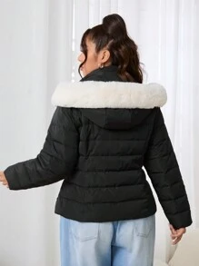 SHEIN EZwear Chaqueta acolchada con capucha de manga larga y diseño fuzzy en talla grande, color negro - Negro - Ver 1