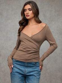 SHEIN BAE T-shirt décontracté simple pour femmes en cachemire beige confortable et sexy col en V à manches longues, pour une utilisation quotidienne et des sorties décontractées
