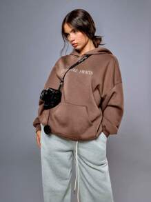 Athîral Women's Letter Pocket Hooded Casual Long Sleeve Sweatshirt Fall/Winter Warm Cold Weather Thermal Brown Color