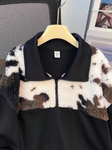 SHEIN 少女黑色/秋/冬/休闲宽松/扎染撞色缝线拉链露肩运动衫 - 黑色 - 查看 3